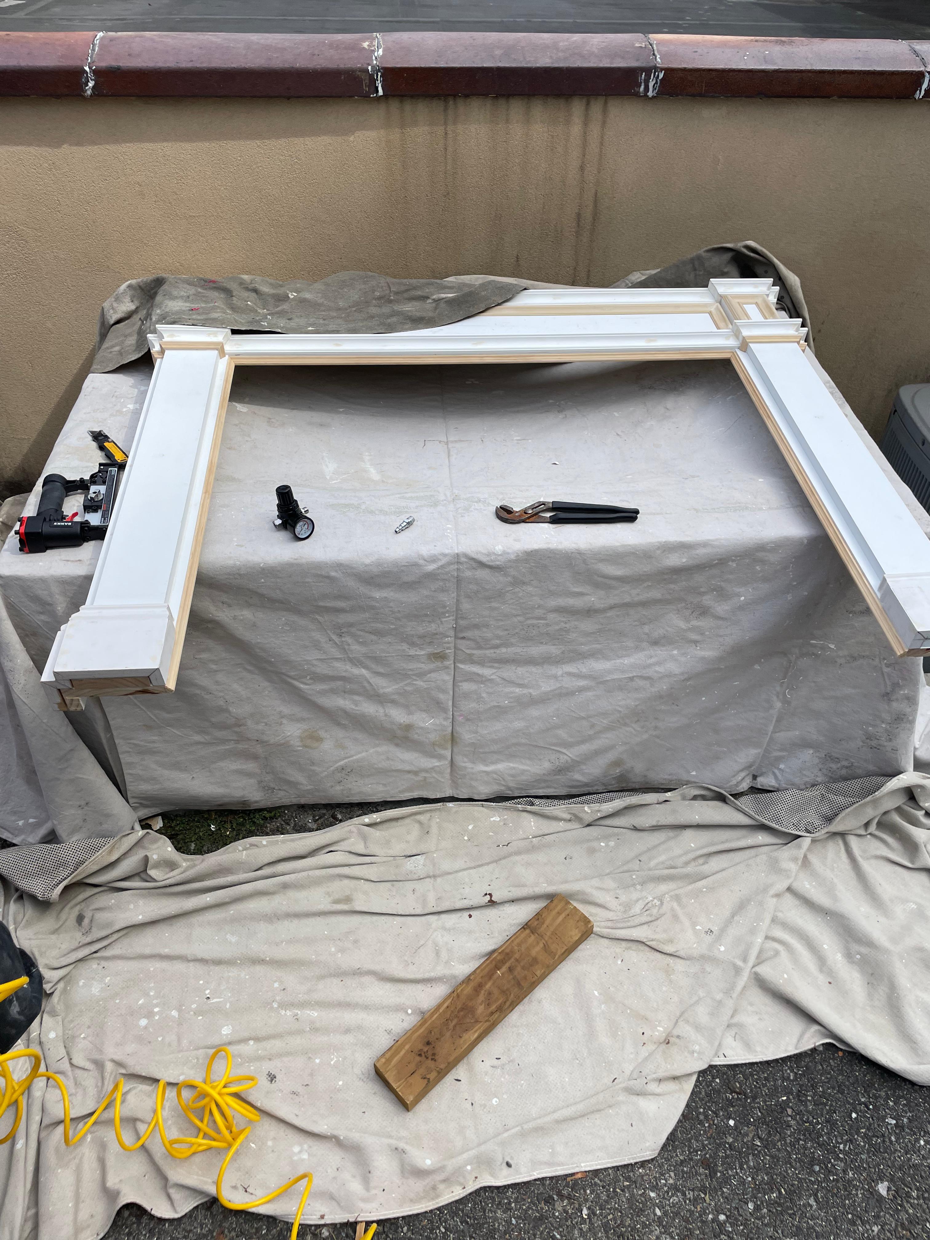 Mantel components cut and laid out — built offsite from raw poplar — custom fireplace mantel, Westchester NY