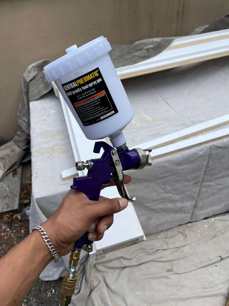 HVLP spray gun — the tool that gives a finish with no brush marks — custom fireplace mantel, Westchester NY
