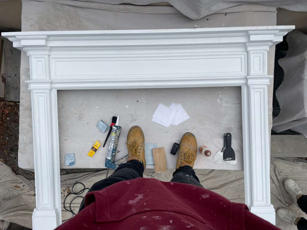 Full mantel after spray finishing, semi-gloss white — custom fireplace mantel, Westchester NY